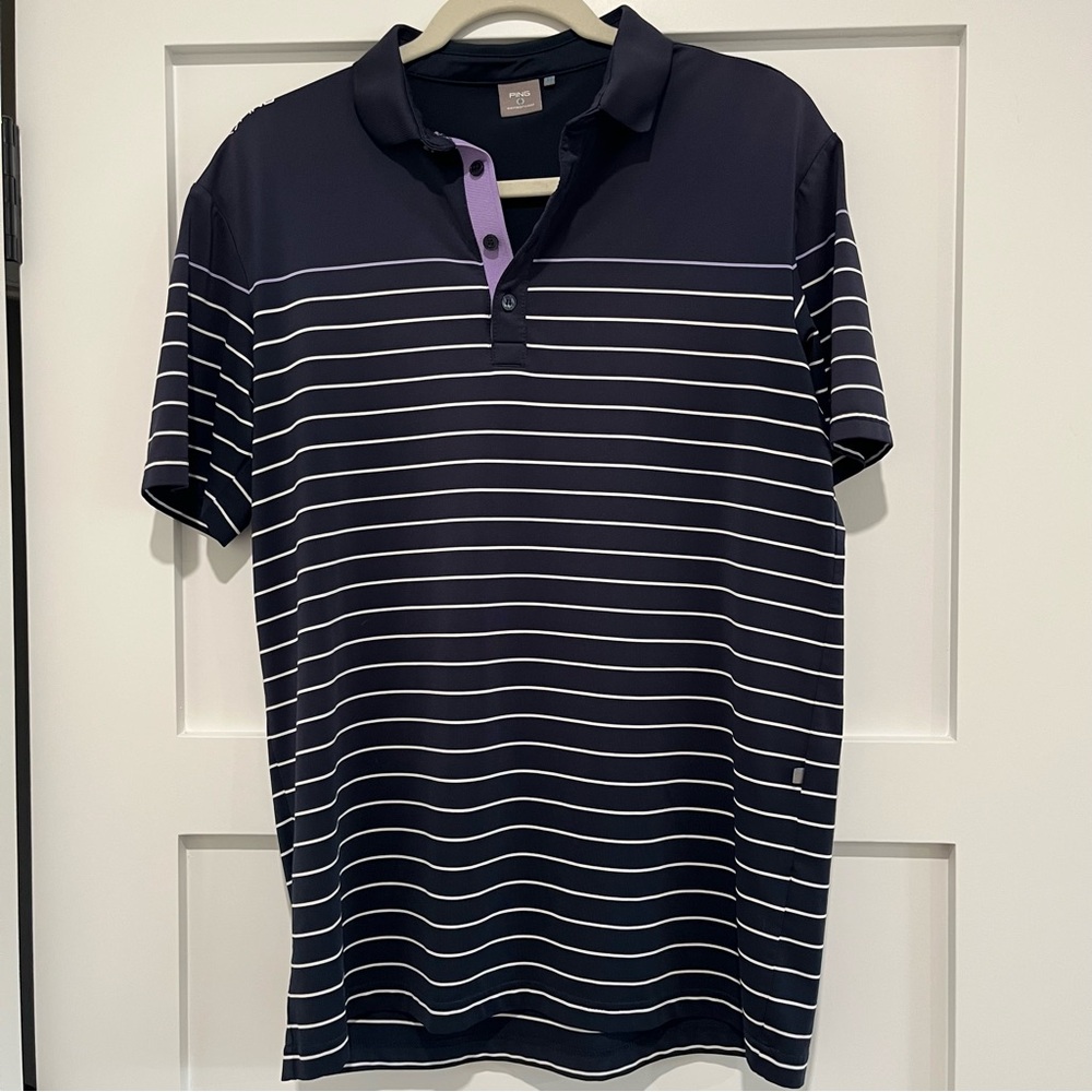 Ping Polo Shirt Sensorcool Men’s Navy and White Striped Golf Shirt Size M
